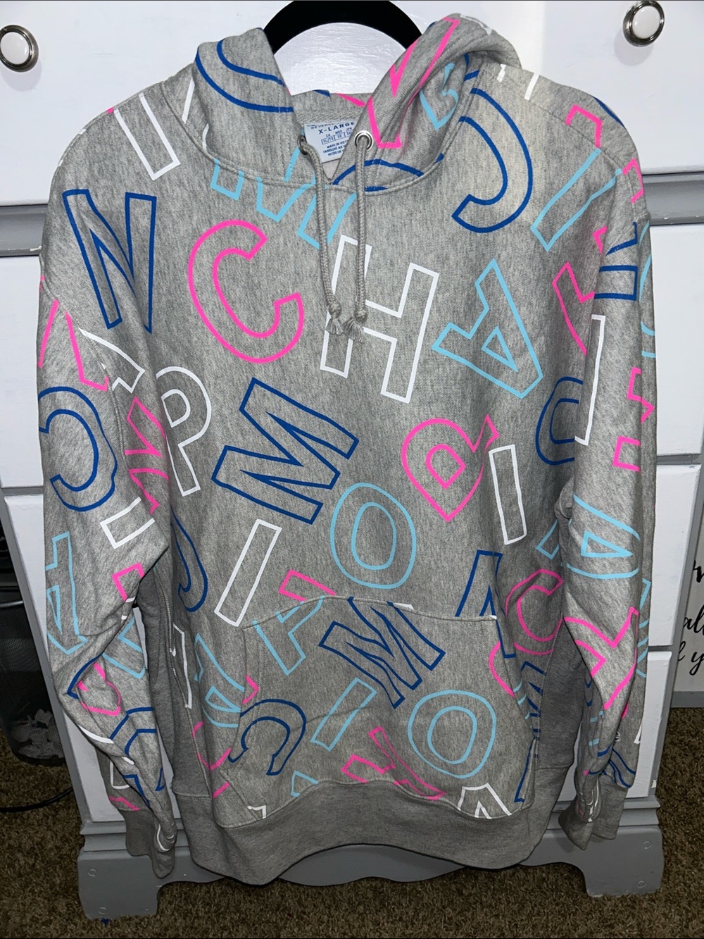 Champion Reverse Weave Gray Hoodie Lettering Print Size XL Streetwear